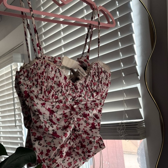 For Love And Lemons Tops - For Love & Lemons White Pink Floral Ruched Bustier Camisole